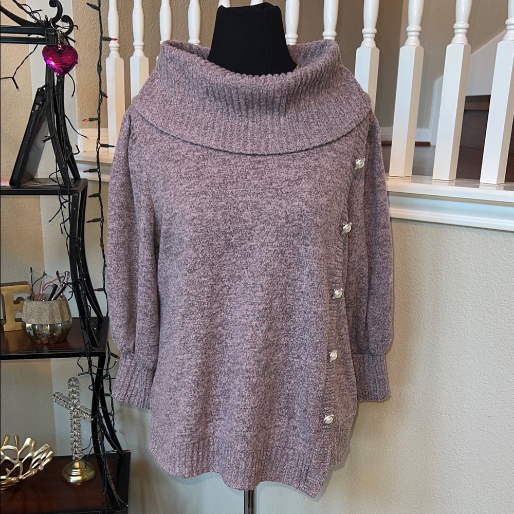Adrienne Vittadini Purple Cowl Neck Sweater with Button Details